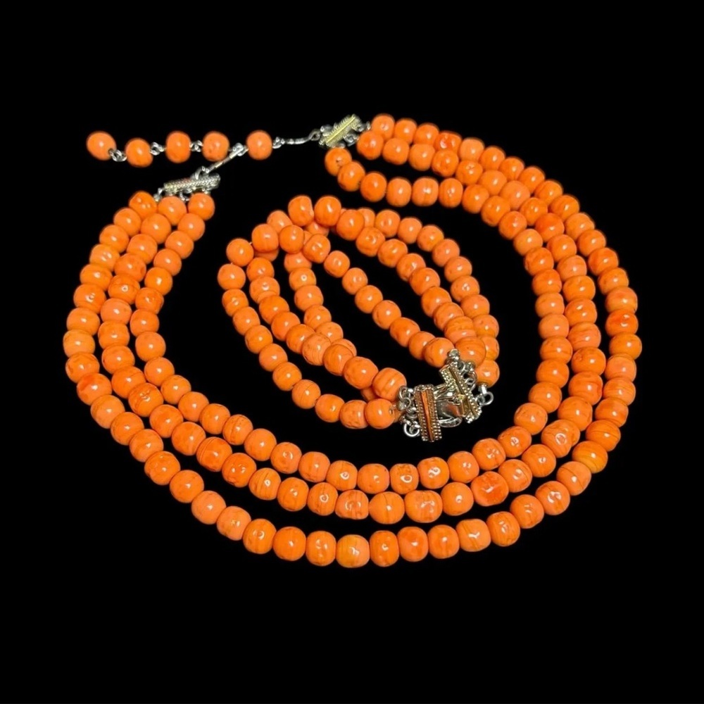 MCM Coral Colored Glass 3 Strand Necklace and Bracelet Set